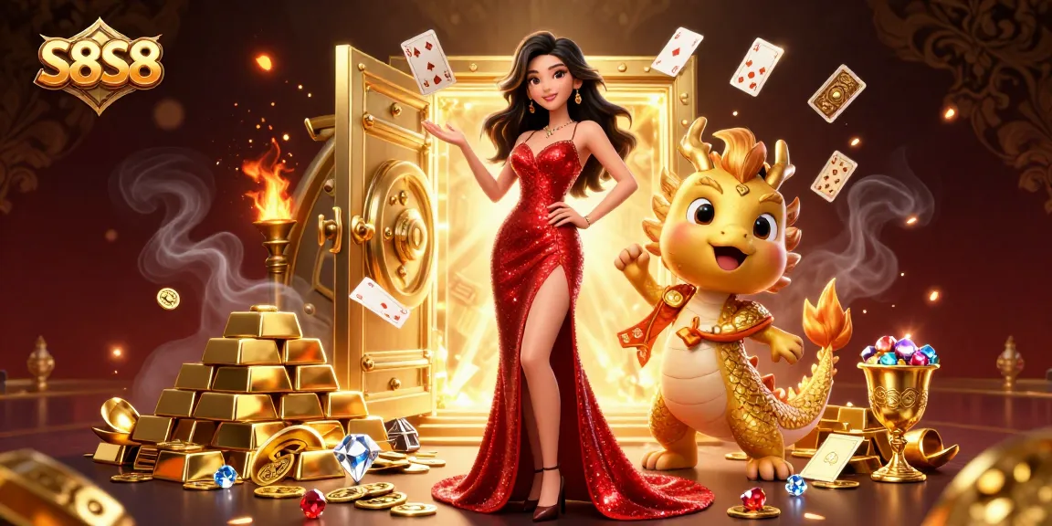 S8S8 hosts an engaging 3D casino scene with a dazzling Asian woman alongside a golden dragon, sparkling treasures, and cards.