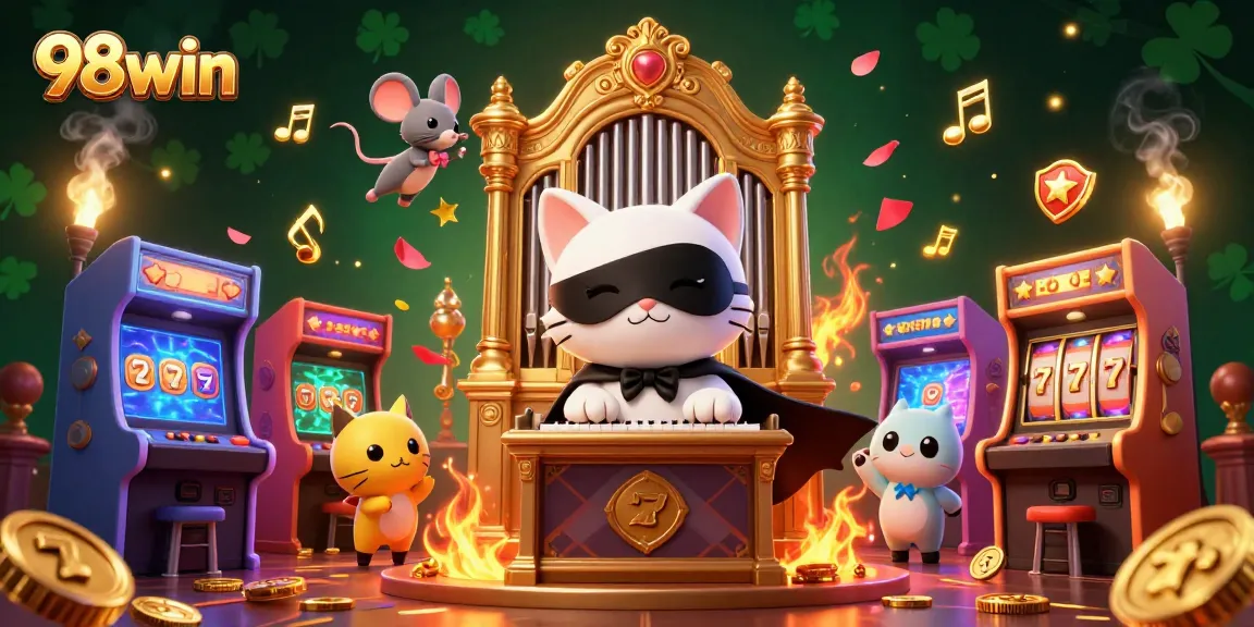 Experience the thrill of 98win with this dynamic 3D casino illustration, showcasing vibrant gaming elements and characters.