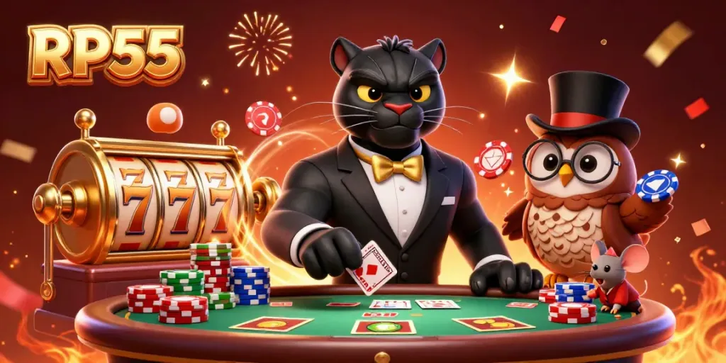 RP55 menampilkan panther menawan yang membagikan kartu di meja kasino, dikelilingi simbol slot yang berkilau.