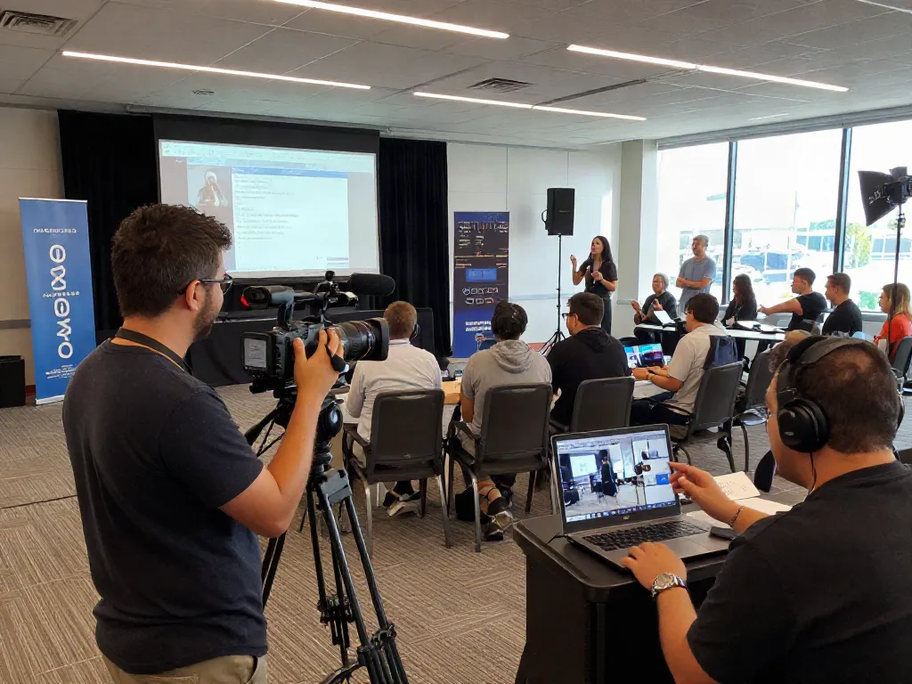 Conference video production Long Beach, California team capturing live event in a modern conference hall under bright lighting.