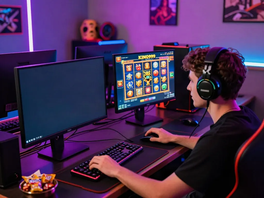 Engaging online gaming atmosphere with KING999 slot games, vibrant icons, and a focused player.