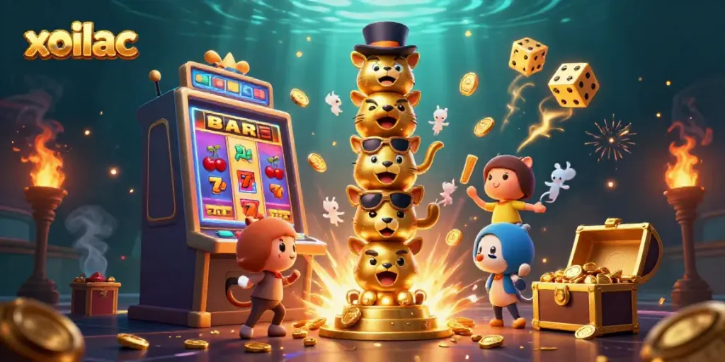 Xoilac casino adventure with animated characters, vibrant slot machine explosion, and glowing treasures.