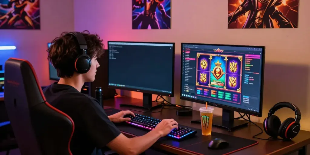 Akunjp online gaming player engaged with vibrant slot games, energy drink nearby, immersive atmosphere.