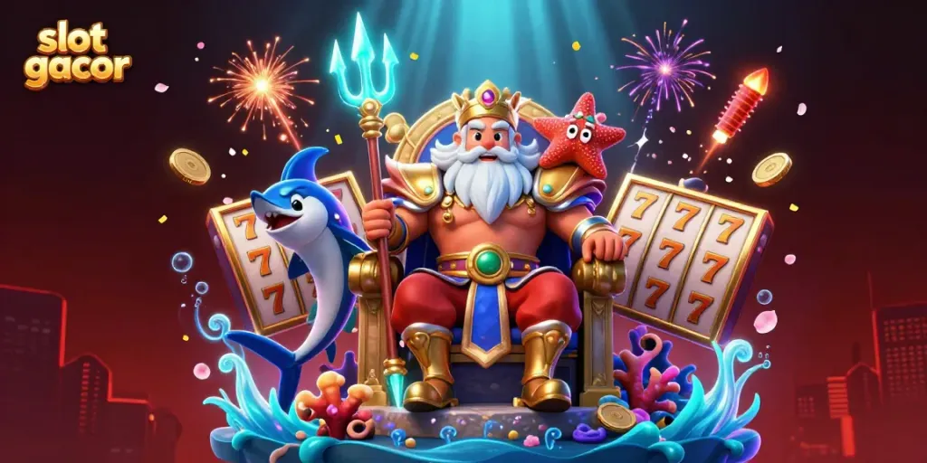 Experience engaging slot gacor gameplay with vibrant symbols and dynamic characters in this 3D illustration.