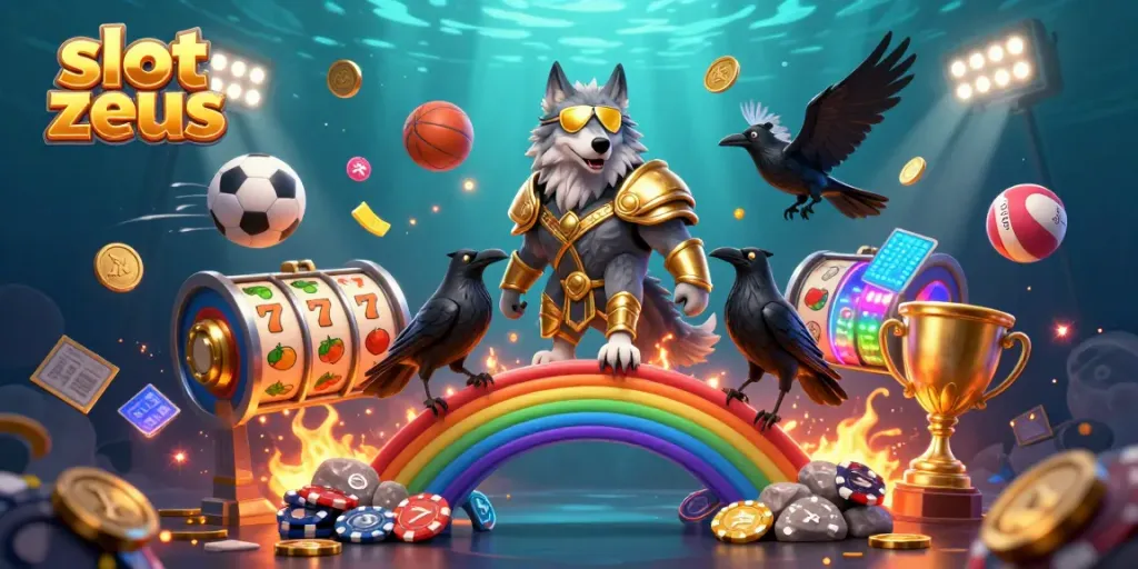 Slot zeus menggambarkan anjing serigala Odin dalam suasana kasino, dikelilingi elemen permainan.
