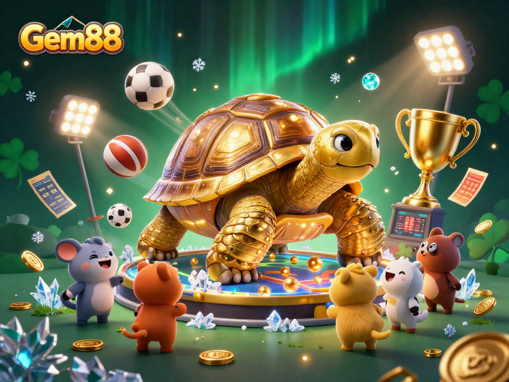 Experience Gem88's vibrant gaming world with a colossal tortoise and energetic sports elements.