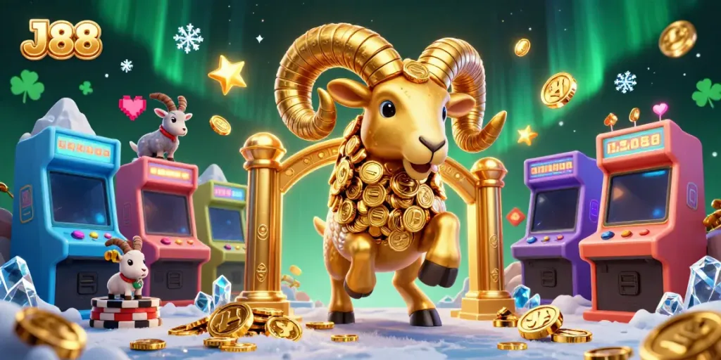 Engage with J88's vibrant casino experience featuring a golden ram charging through game elements.