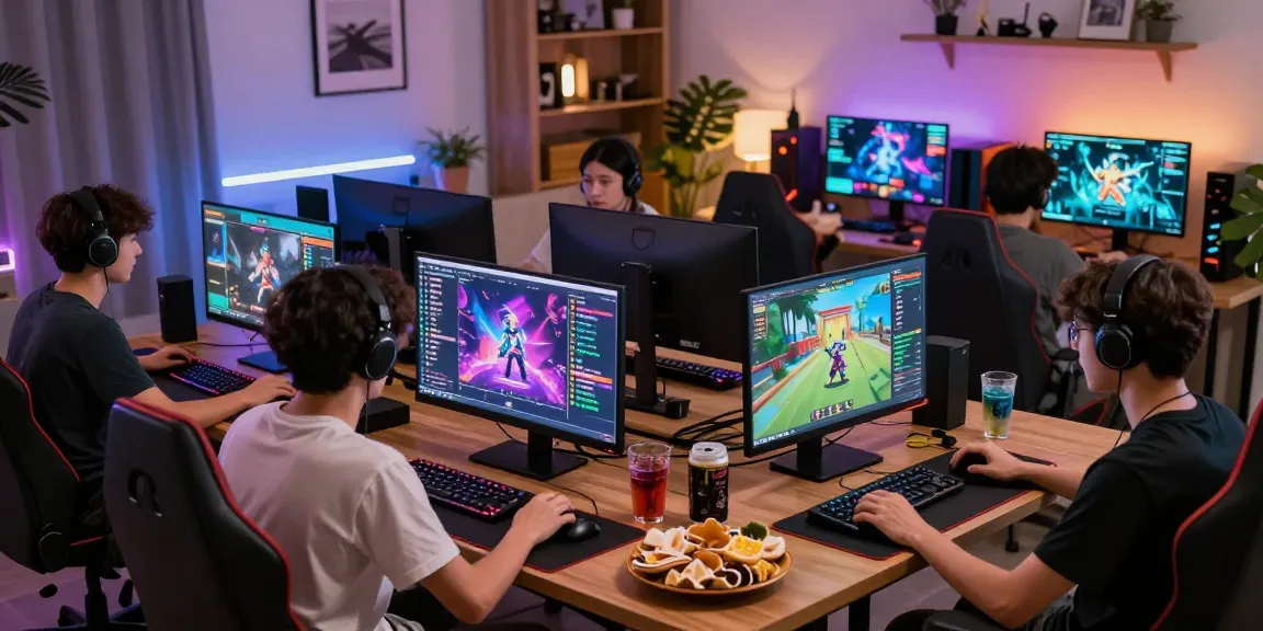 Players enjoying game bài đổi thưởng online in a vibrant home gaming setup with colorful interfaces and snacks.