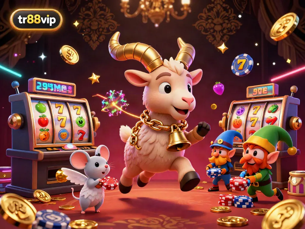 Experience the thrill of gaming at tr88vip with lively characters and slot machines in a vibrant casino scene.