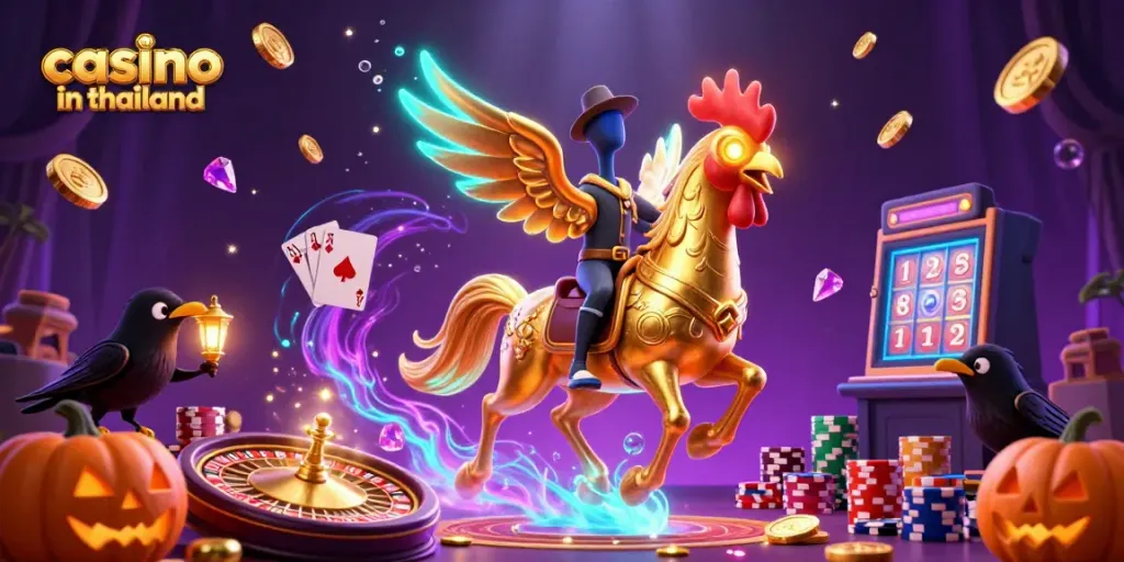Experience the vibrant atmosphere of a casino in thailand with golden rooster and crow companions amidst cascading coins.