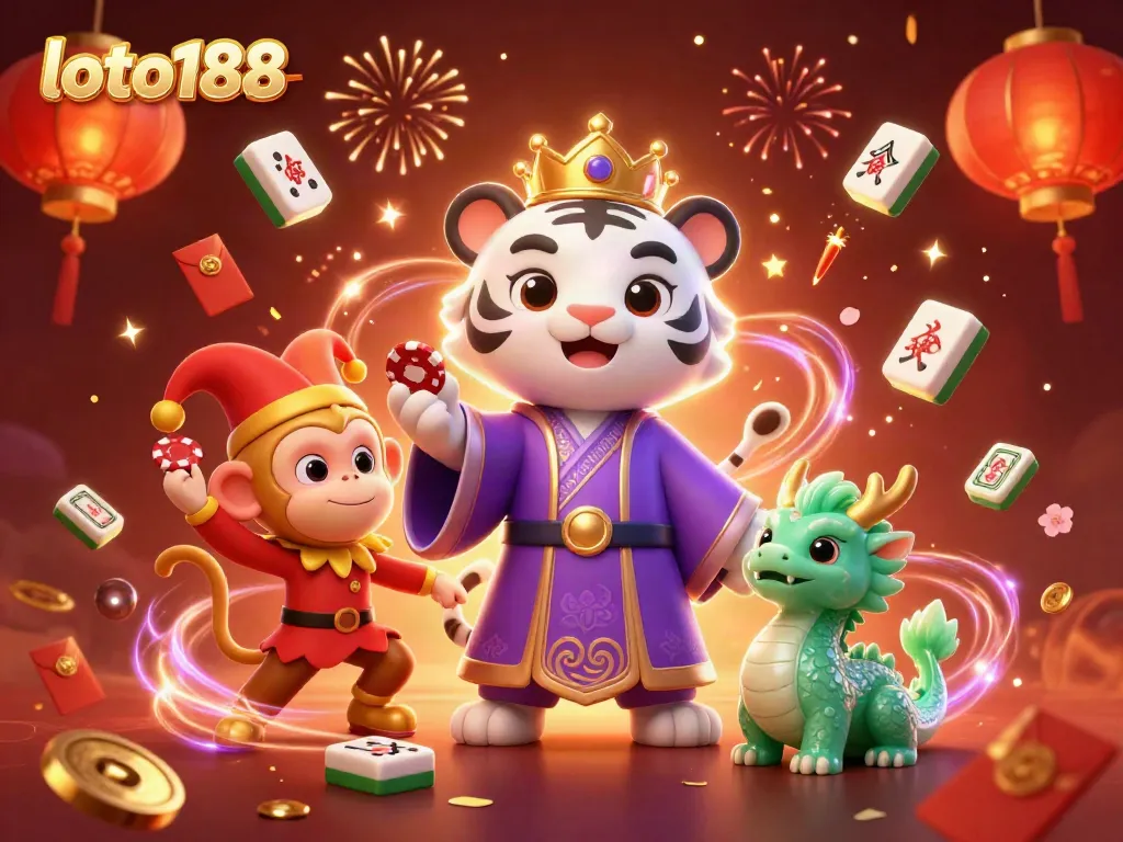 Experience the magic of loto188 with a vibrant digital illustration showcasing a tiger and playful monkey.