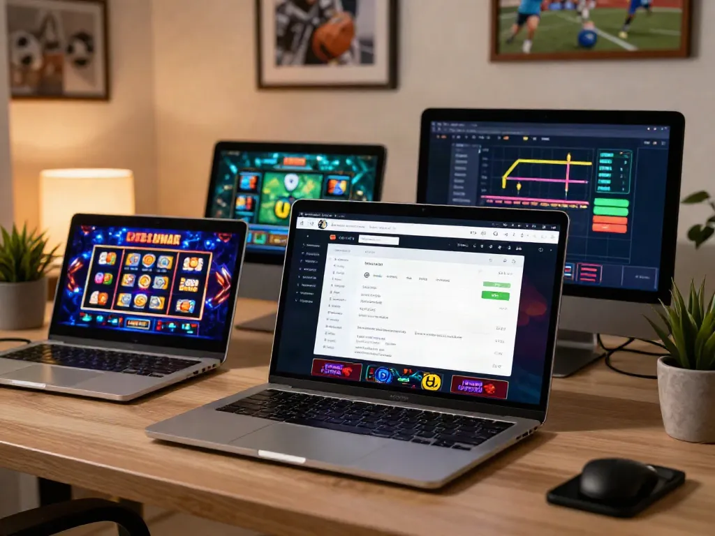 Engaging Ufa online gambling platform with sports betting, casino, and slots in a stylish home office.