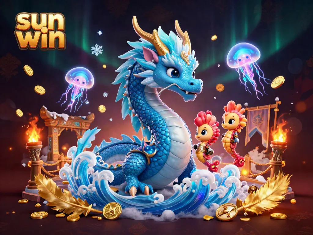 Sun win casino scene with an azure dragon, seahorse knight, and jellyfish among swirling gold coins.