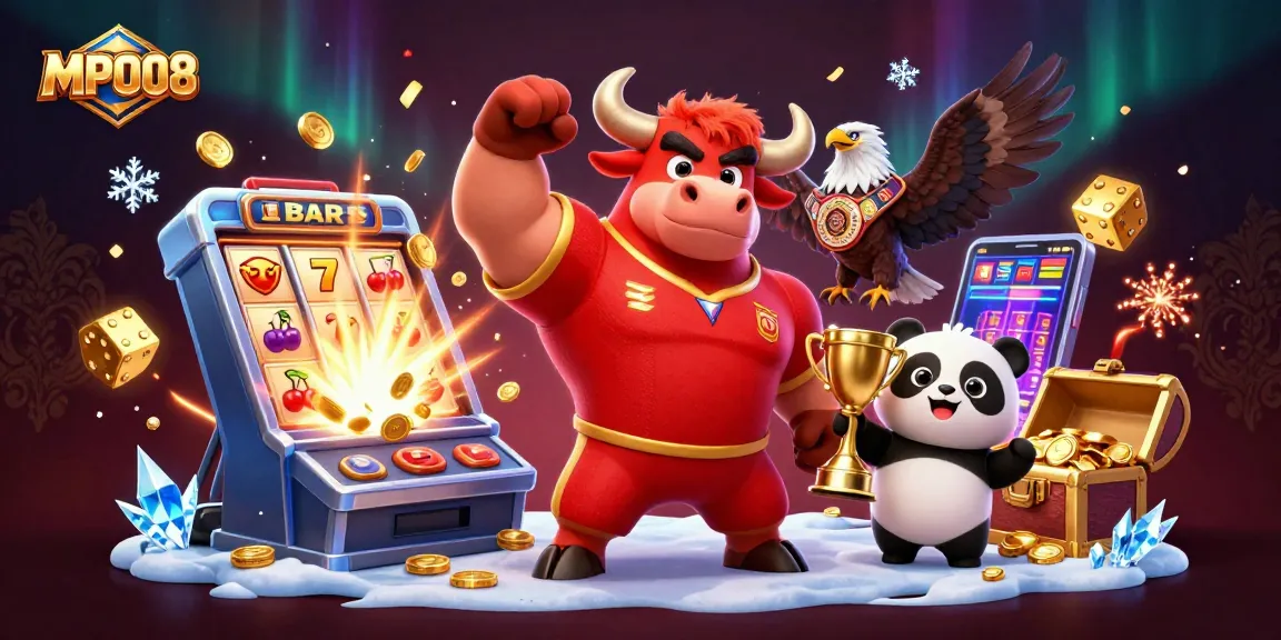 MPO08 gaming illustration showing a victorious mascot and sparkling slot machine elements for online casino entertainment