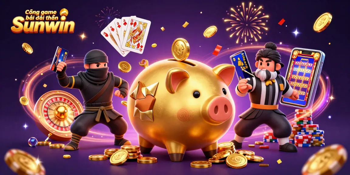 Cổng game bài đổi thưởng Sunwin features an epic showdown between a sumo wrestler piggy bank, a ninja, and a card samurai in a dynamic casino scene.