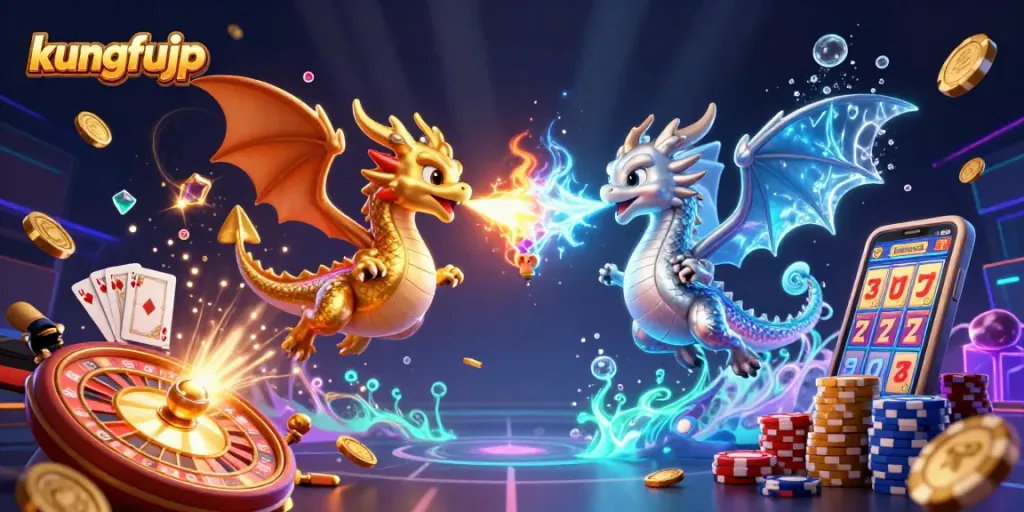 Menangkan jackpot dengan kungfujp, menampilkan naga terbang dan koin bersinar dalam suasana kasino.