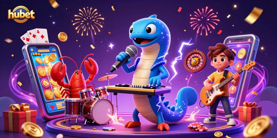 Experience the exciting hubet casino scene with an electric eel DJ and vibrant game elements in action.