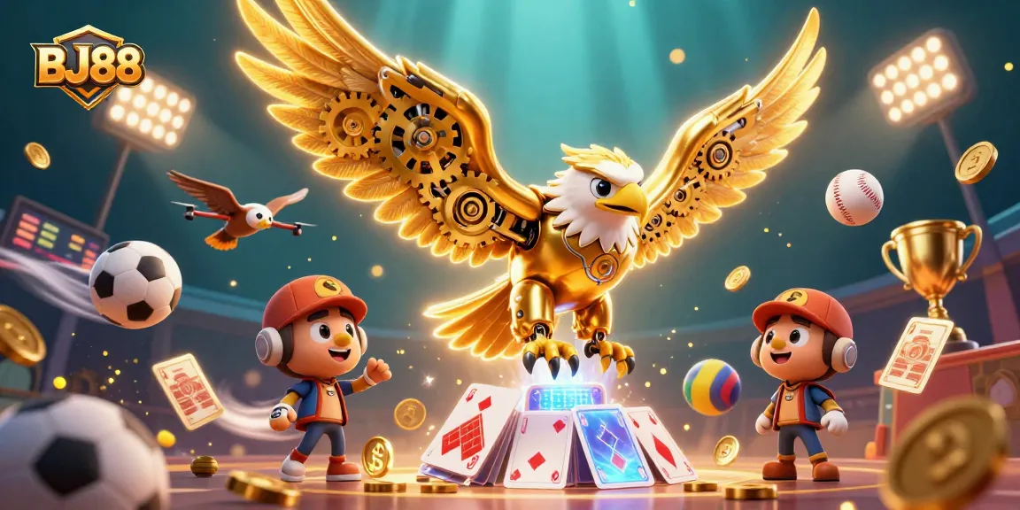 Experience thrilling gameplay with BJ88's golden eagle and dynamic sports elements in this casino scene.