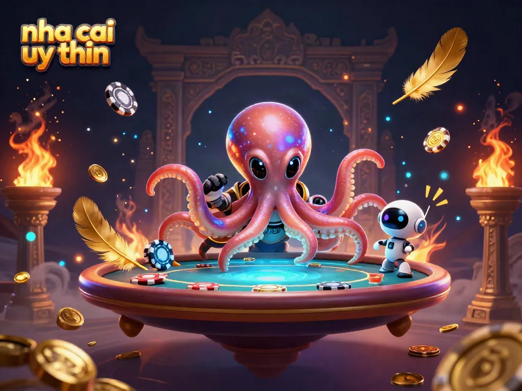 Engage with nha cai uy tin as an alien octopus navigates a vibrant poker universe.