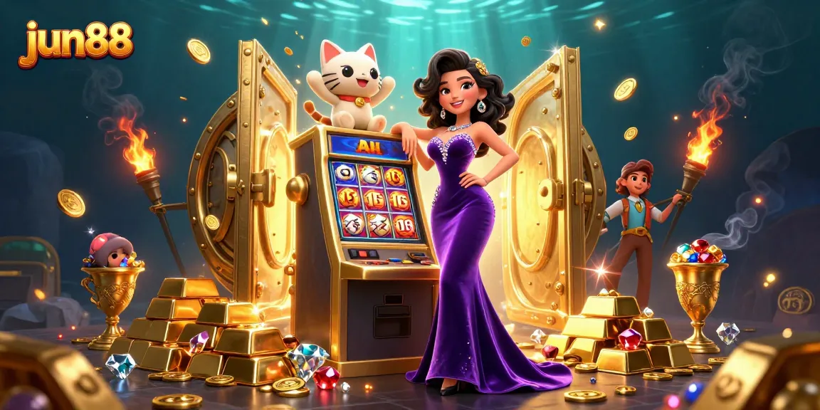 Experience excitement at jun88 with a glamorous woman and a lucky cat beside a jackpot slot machine.