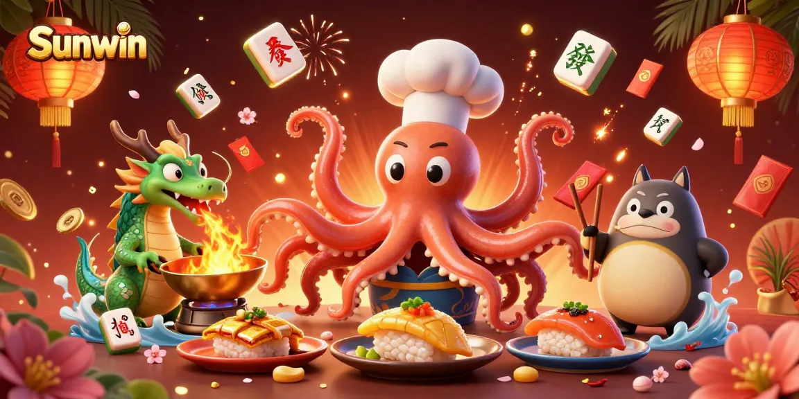 Experience exciting gameplay with Sunwin, featuring a dynamic casino illustration of a sushi chef octopus and dragon.