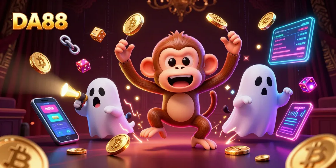 Engage with DA88 in a vibrant haunted casino scene where a mischievous monkey juggles golden objects.