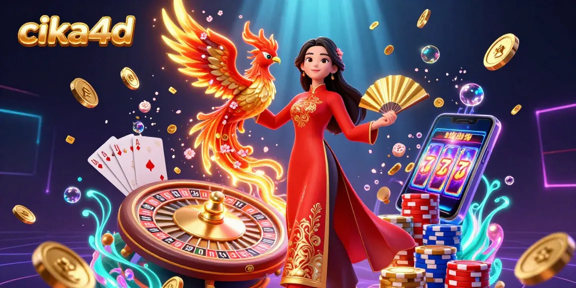 Cika4d presents a vibrant casino scene featuring a graceful woman in traditional attire with dazzling game elements.