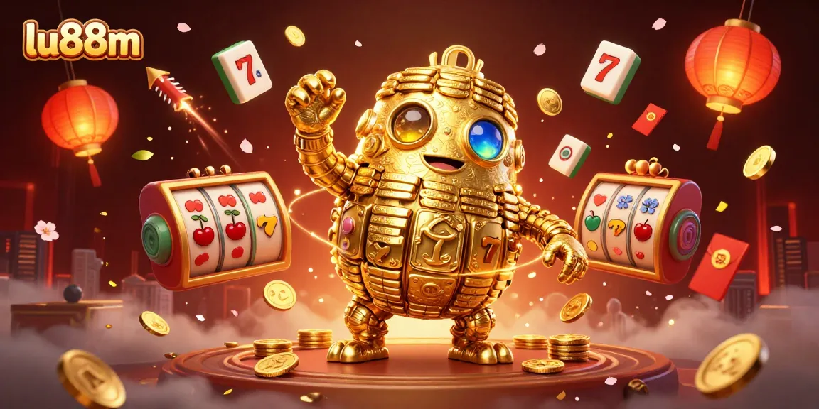 Engage with immersive gameplay at lu88m featuring rich 3D illustrations of a golden golem and vibrant casino elements.