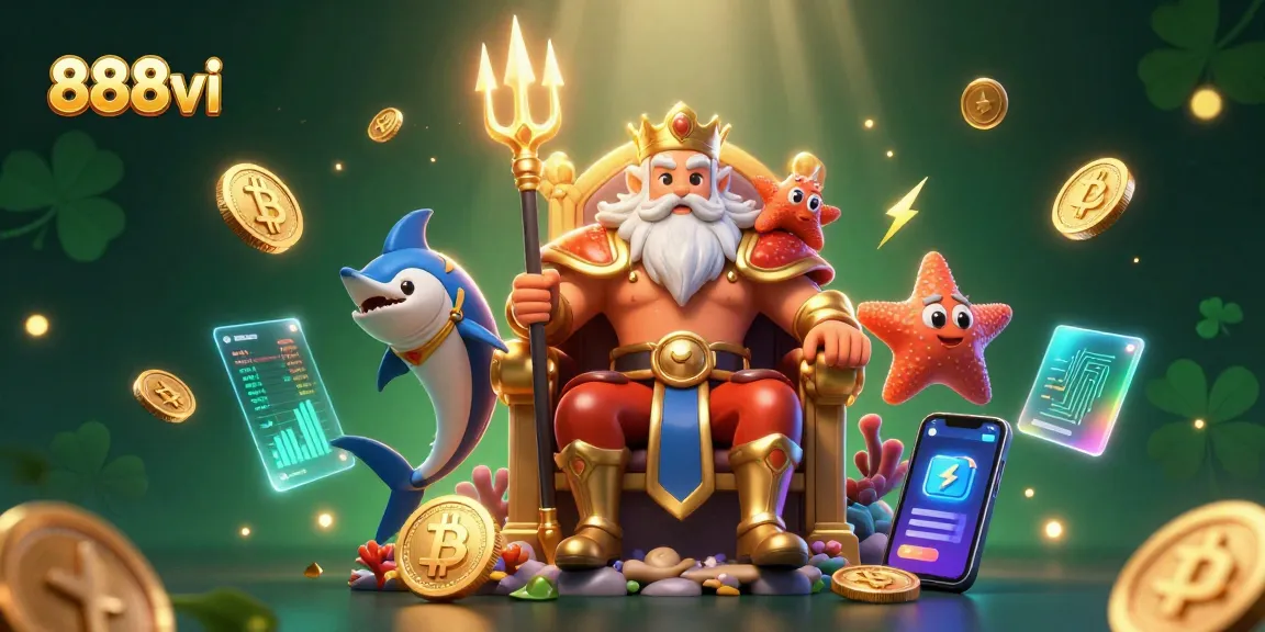 Engage with the vibrant world of 888vi featuring Neptune, samurai, and crypto symbols in a casino illustration.
