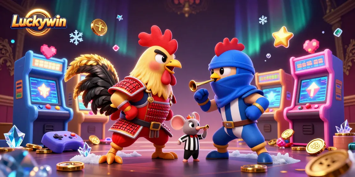 Experience thrilling action with Luckywin in a dynamic casino game scene featuring fighting roosters.