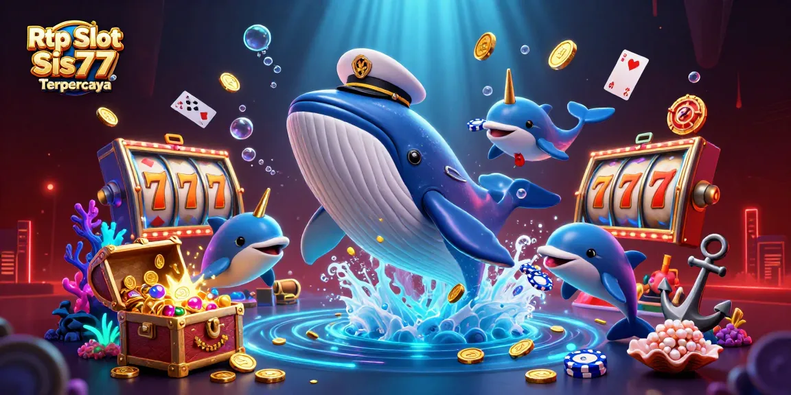 Permainan slot di SIS77 dengan Rtp Slot Sis77 Terpercaya, ikan paus kartun dan lumba-lumba menampilkan uang dan harta karun.
