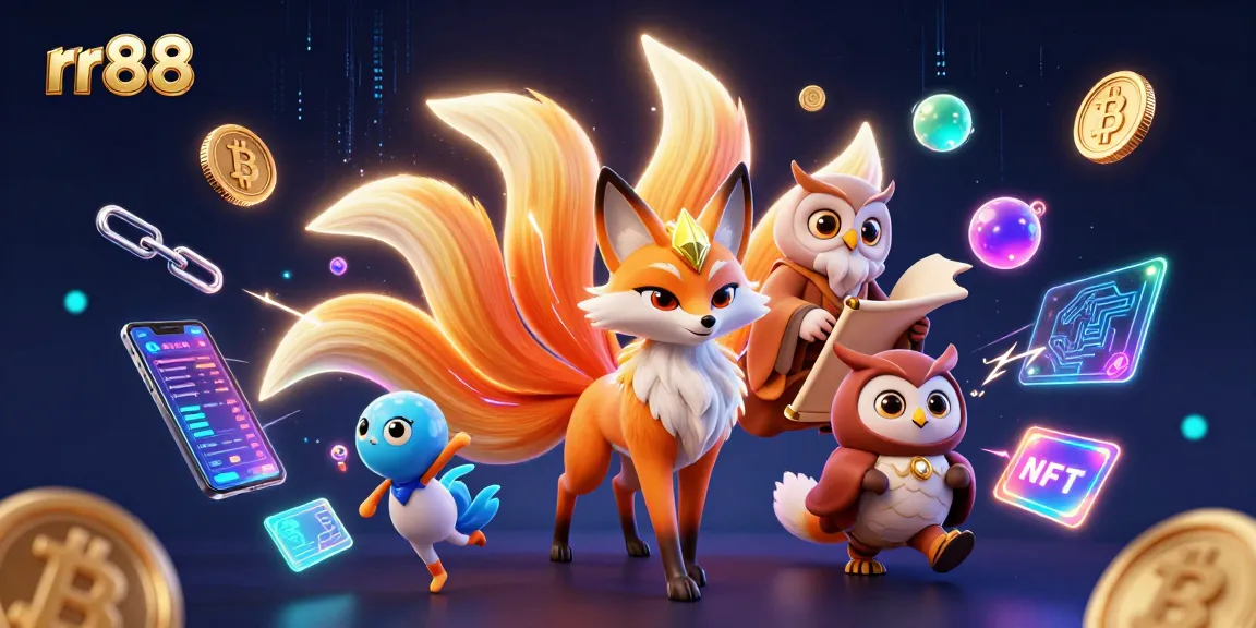 Engage with rr88's vibrant 3D illustration showcasing a mystical gambling scene filled with crypto coins and enchanting characters.