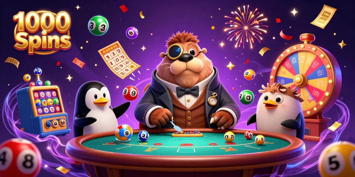 1000 Spins Casino mit einem fröhlichen Walross, das an einem Pokertisch sitzt, umgeben von bunten Lotteriebällen und festlichen Effekten.