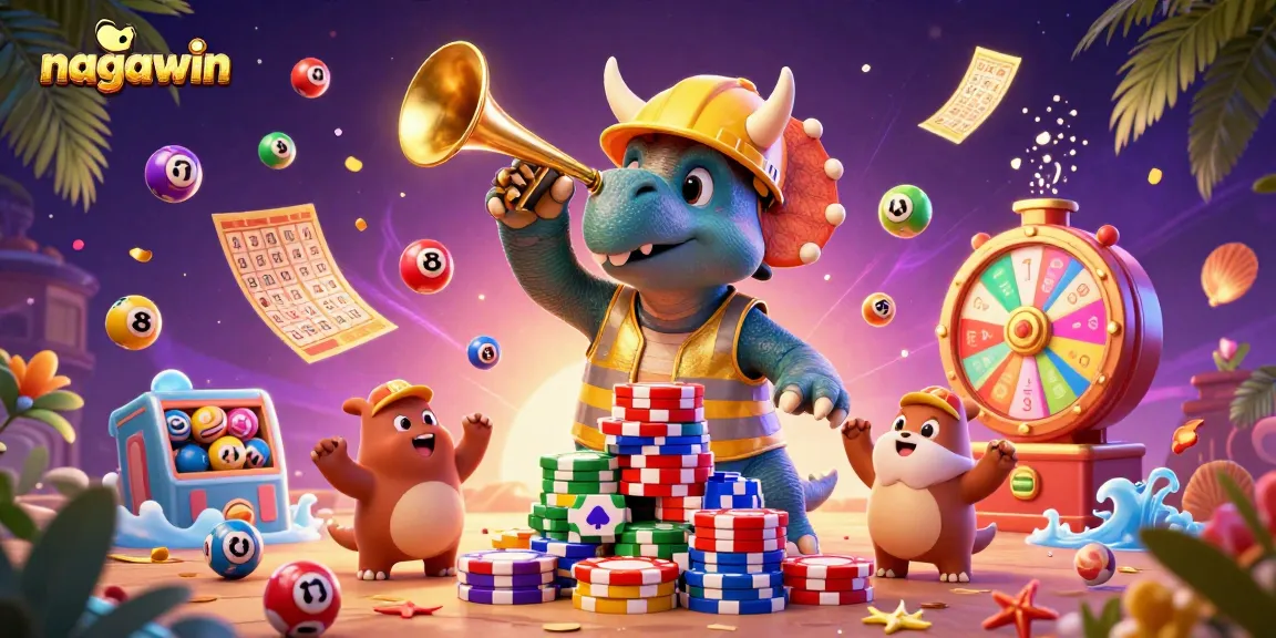 Nagawin menyajikan suasana meriah dengan triceratops membangun piramida chip poker di latar belakang yang spektakuler.
