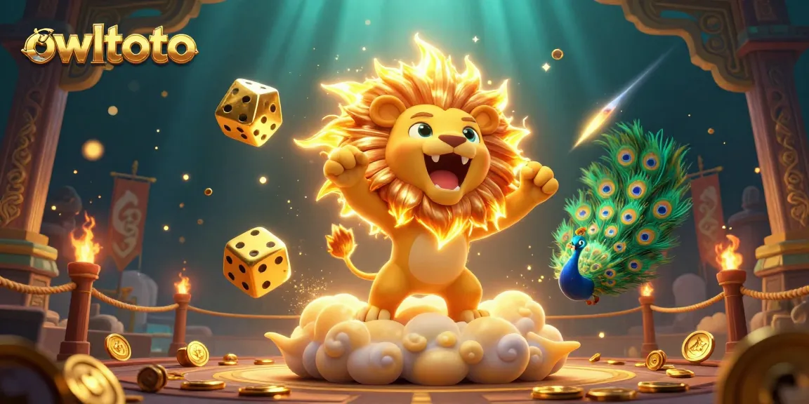 Experience the thrill of owltoto gaming with a vibrant 3D illustration of a roaring lion amidst dazzling casino elements.