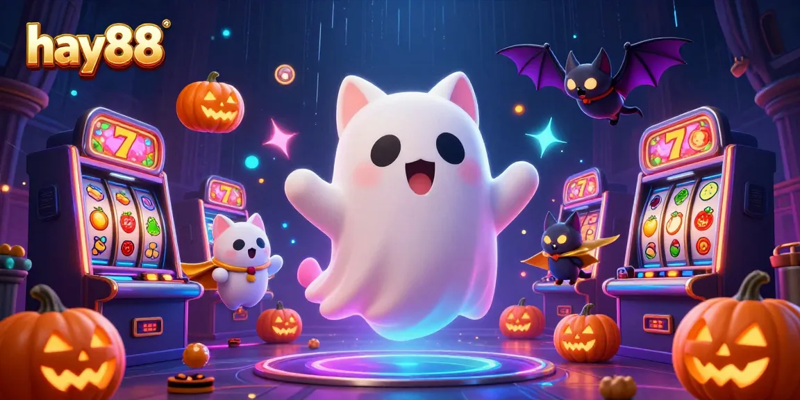 Experience thrilling slots at hay88 with ghost cat and vampire bat in a haunted casino scene.