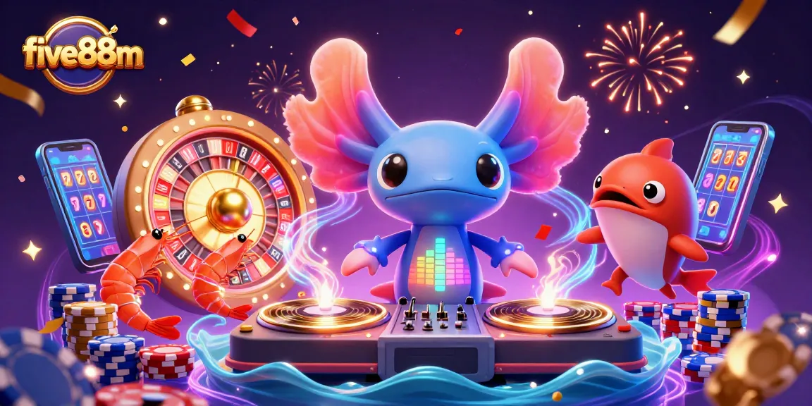 Experience the vibrant fun of five88m with a neon axolotl DJ and dazzling casino elements!