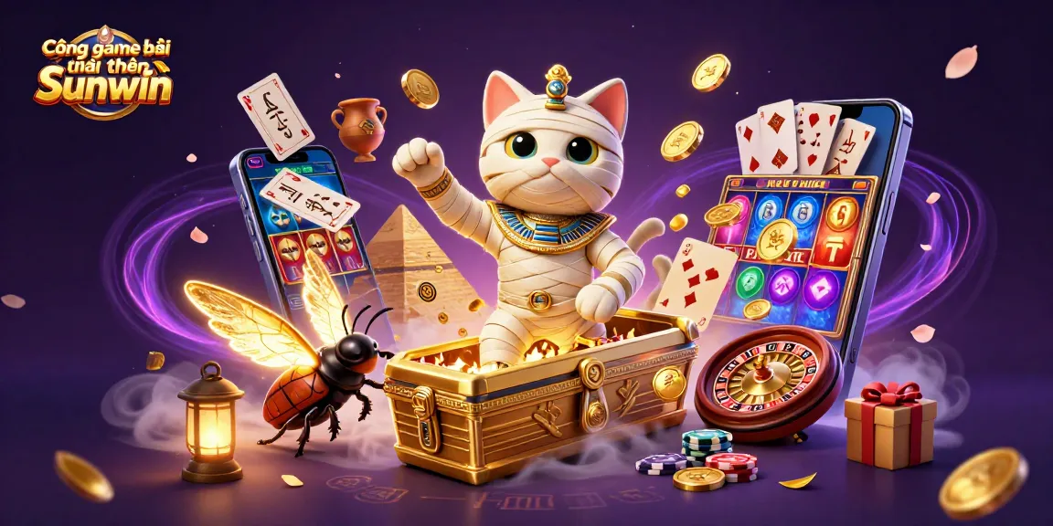 Cổng game bài đổi thưởng Sunwin highlights vibrant casino action with an Egyptian theme featuring a mummy cat and scarab in a dynamic scene.