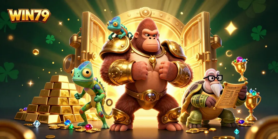 Join the excitement of WIN79 with a powerful gorilla king, chameleon spy, and wise tortoise in a vibrant casino scene.