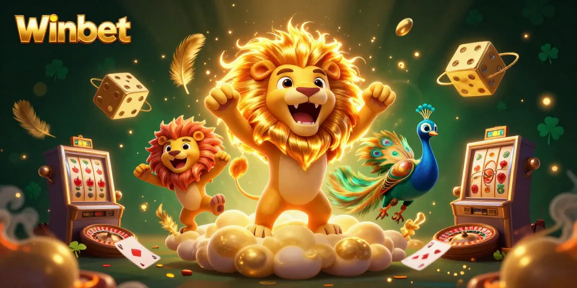 Winbet showcases vibrant slot machines and gold coins amidst a lively casino scene.