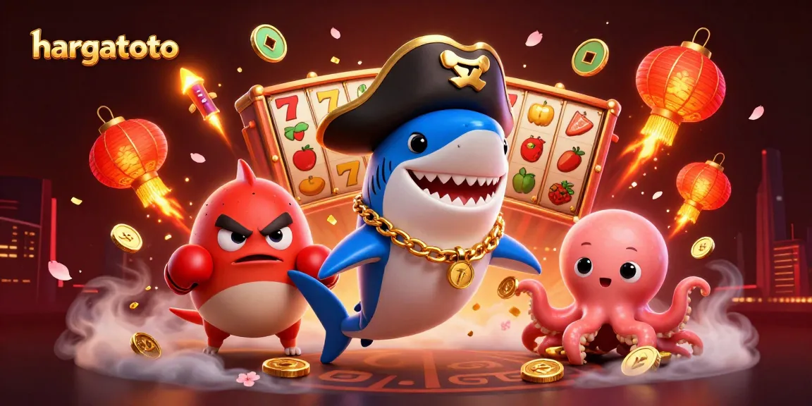 Feel the excitement at hargatoto with cartoon characters celebrating slot game wins amid cherry blossom petals and lucky coins.
