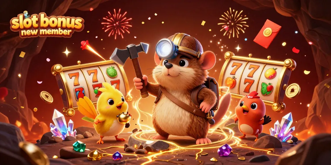 Experience slot bonus new member excitement with cartoon characters in a vibrant casino setting.