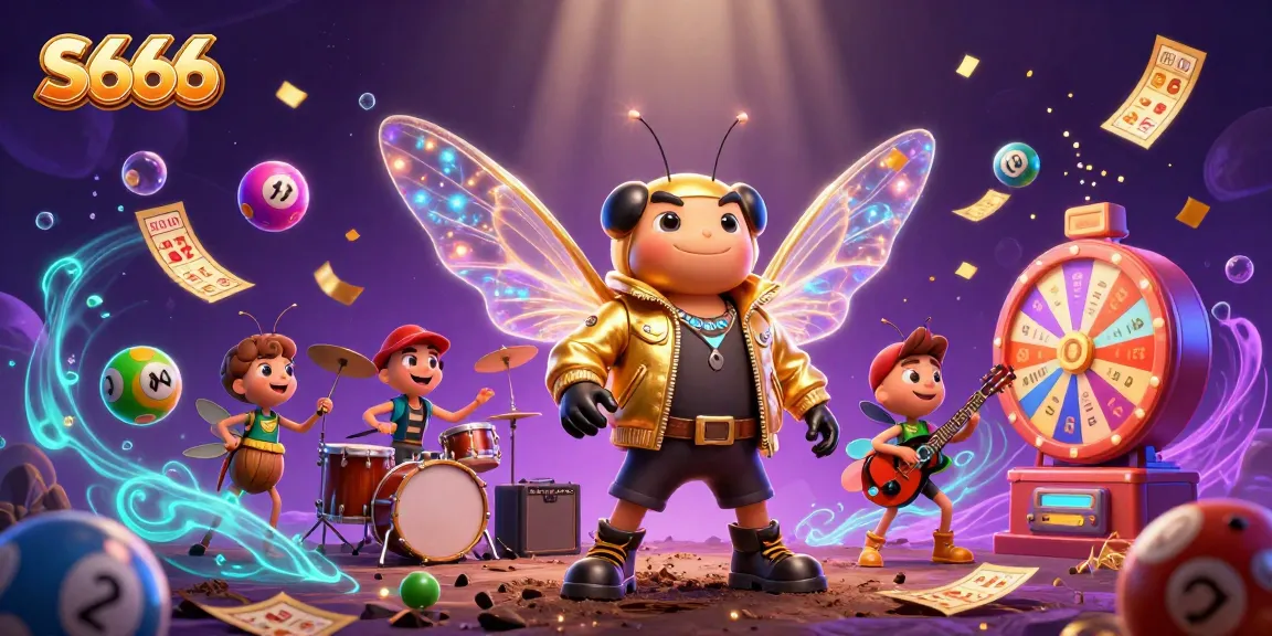 S666 game illustration featuring a vibrant 3D cicada rock star with electric wings and lottery elements.