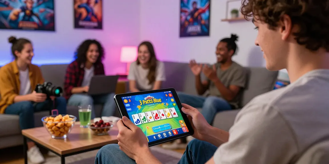 Engaged player using the 3 Patti Blue app to learn more about games and bonuses in a vibrant home setting.