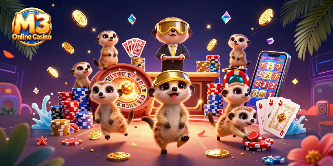 Engage in exciting gameplay at M3 Online Casino with cartoon meerkats managing a vibrant casino scene full of action.