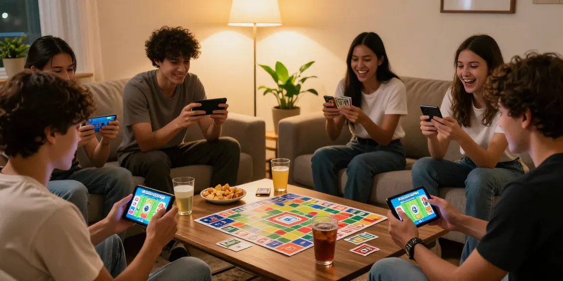 Exciting gaming moment with friends playing Card Rummy on Android devices at home, showcasing https://cardrummy.io/ vibrant visuals and social interaction.
