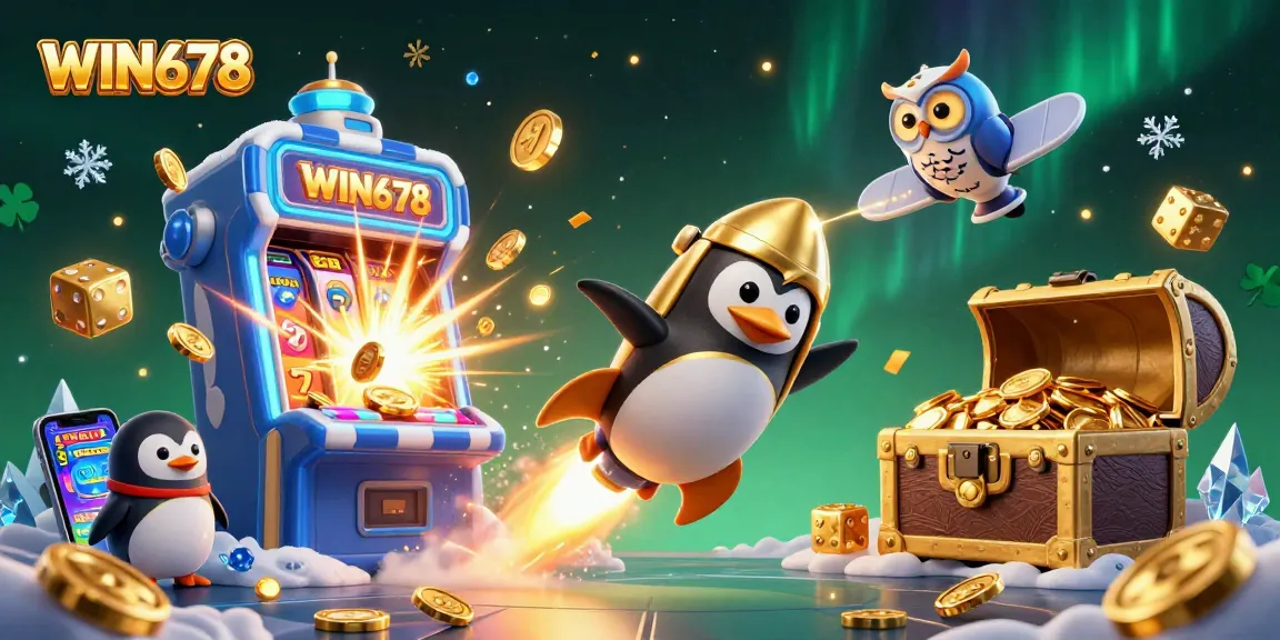 WIN678 penguin soaring to a casino station amidst a jackpot explosion, immerse in fun!