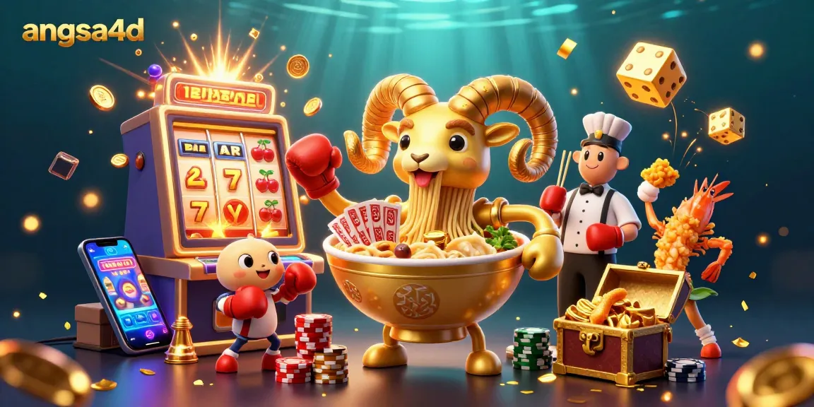 Angsa4d showcases an energetic 3D scene with a golden ramen bowl dealer, slot machine explosions, and vibrant casino elements.
