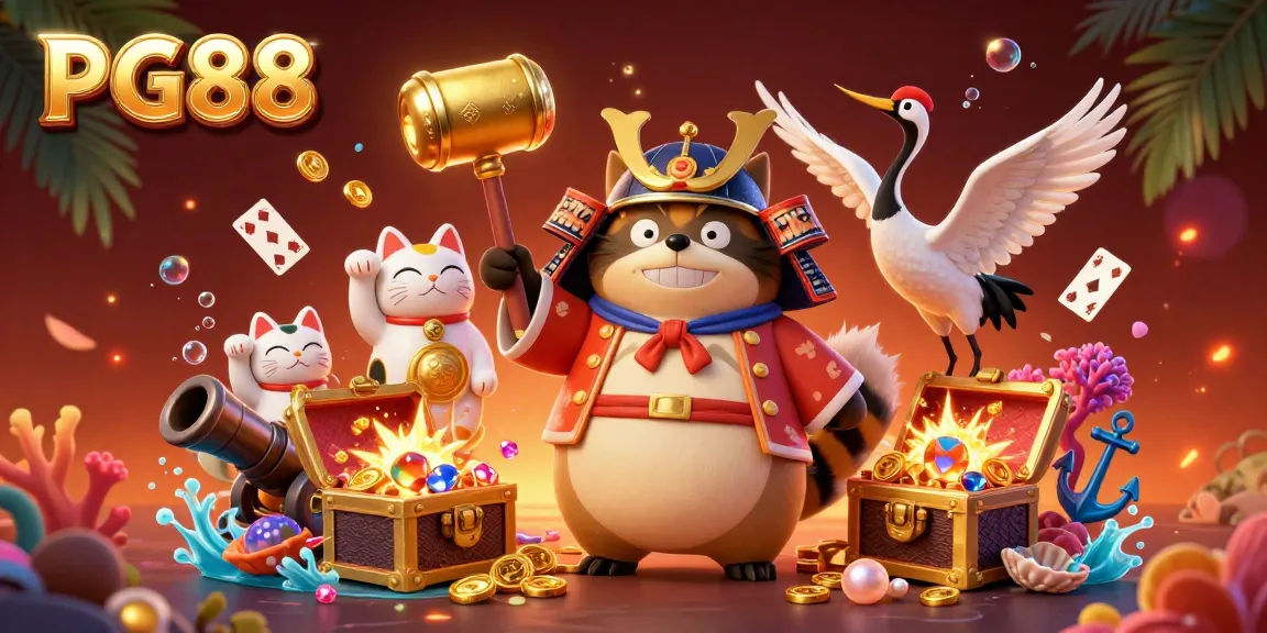 Experience fortune at PG88 with tanuki and samurai crane in a vibrant 3D casino scene.