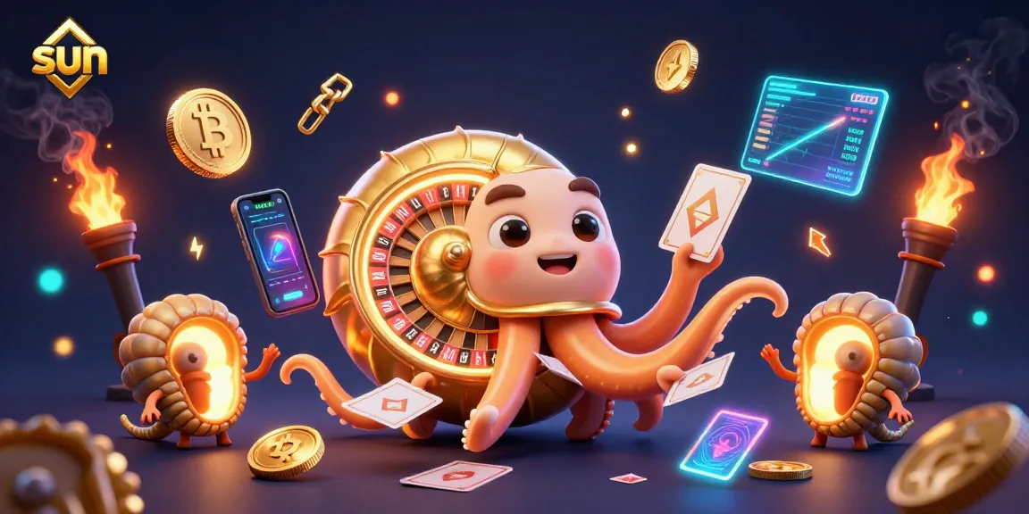 Engage in thrilling gambling adventures with Sun's vibrant 3D casino scene filled with golden elements.